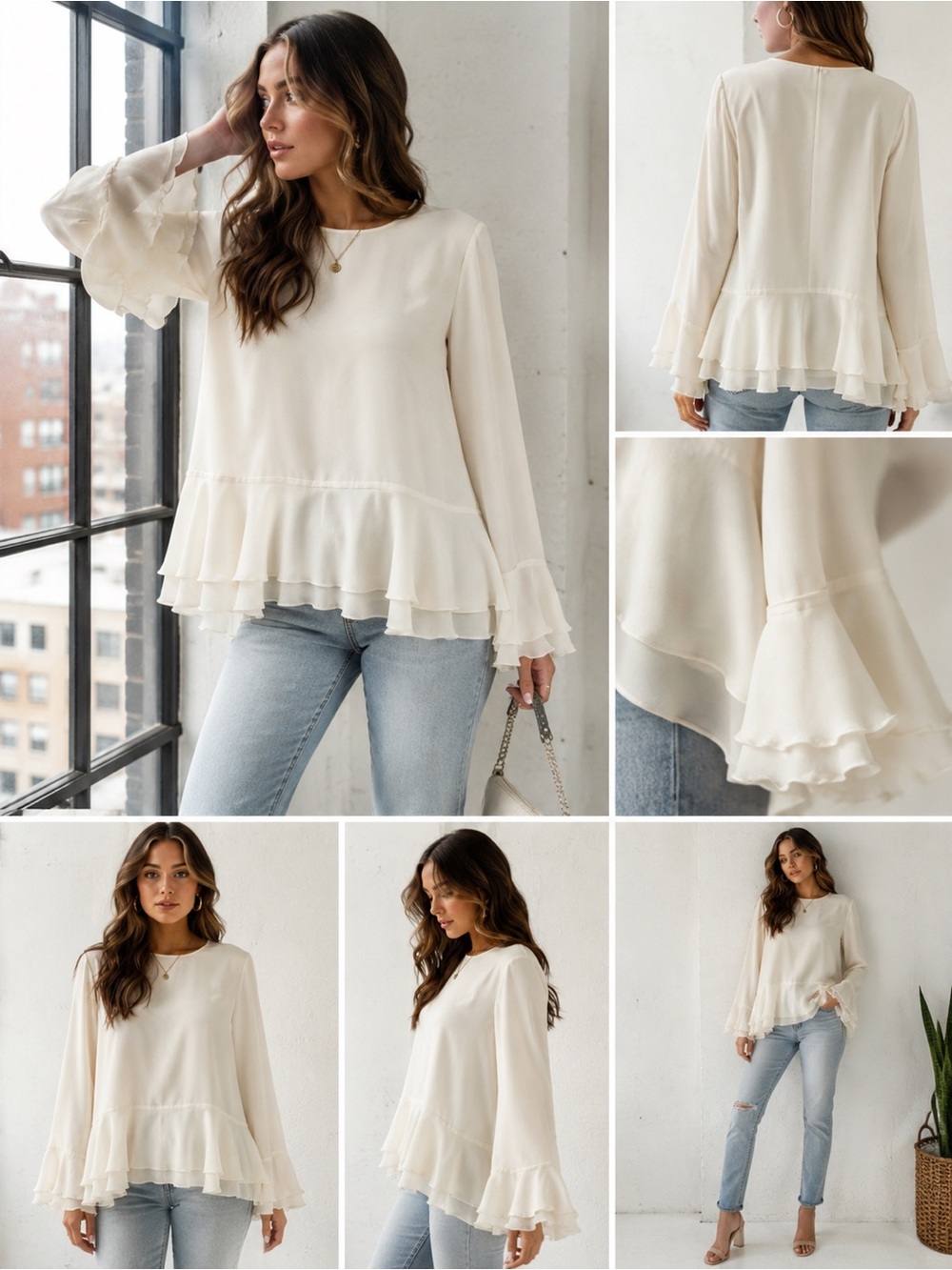 Theory Cream Layered Ruffle Hem Blouse